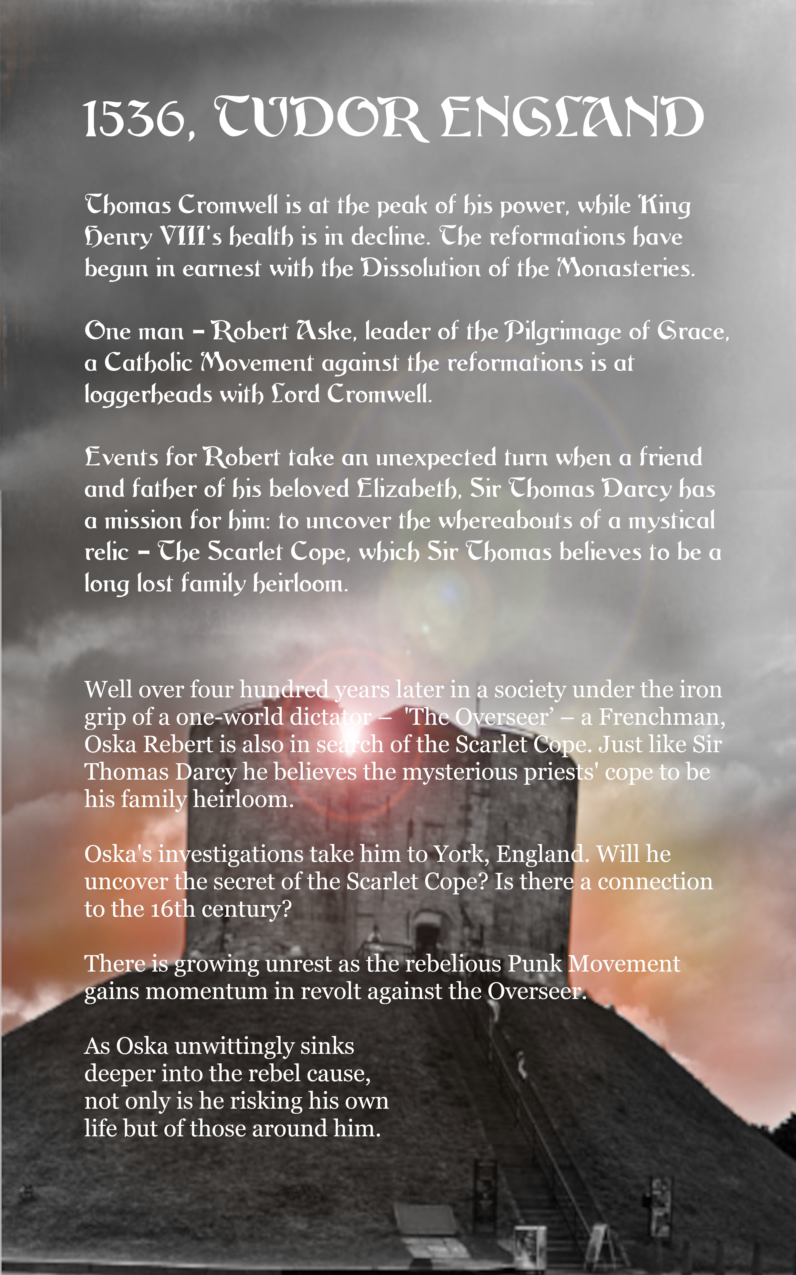 Back cover of The Scarlet Cope novel featuring a 
					deep red background, elegant gold text with synopsis and author biography,
					 conveying a dramatic and mysterious atmosphere